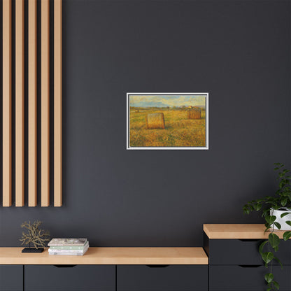 Framed matte canvas wall art featuring a rustic hayfield landscape print by Printify, showcasing outdoor scenery and natural tones.