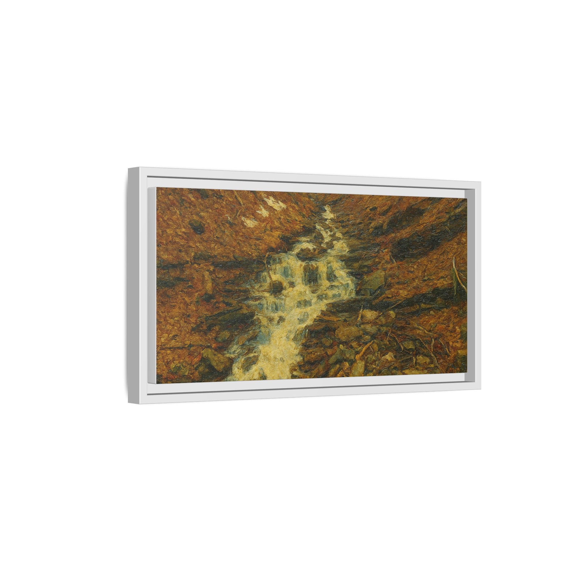 Framed matte canvas print of autumn stream landscape artwork by Printify showcasing vibrant fall colors and serene nature scene.