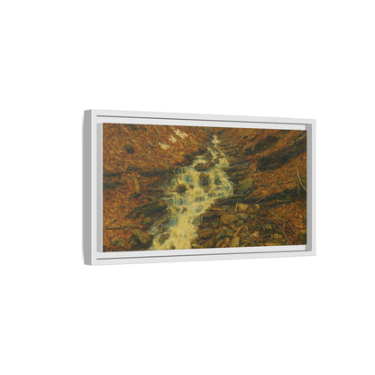 Framed matte canvas print of autumn stream landscape artwork by Printify showcasing vibrant fall colors and serene nature scene.