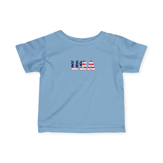 Baby boy wearing a USA flag block print infant tee by Printify, showcasing patriotic kids' clothing with a colorful design.