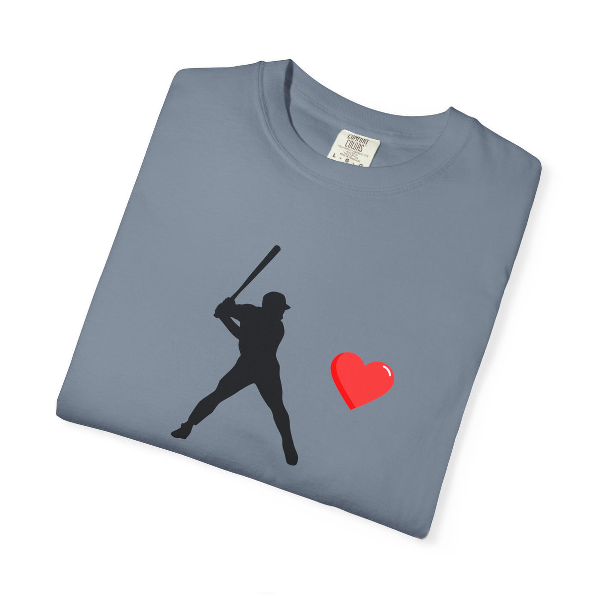 White baseball batter heart T-shirt from Printify featuring a graphic of a batter with a heart design on the front.