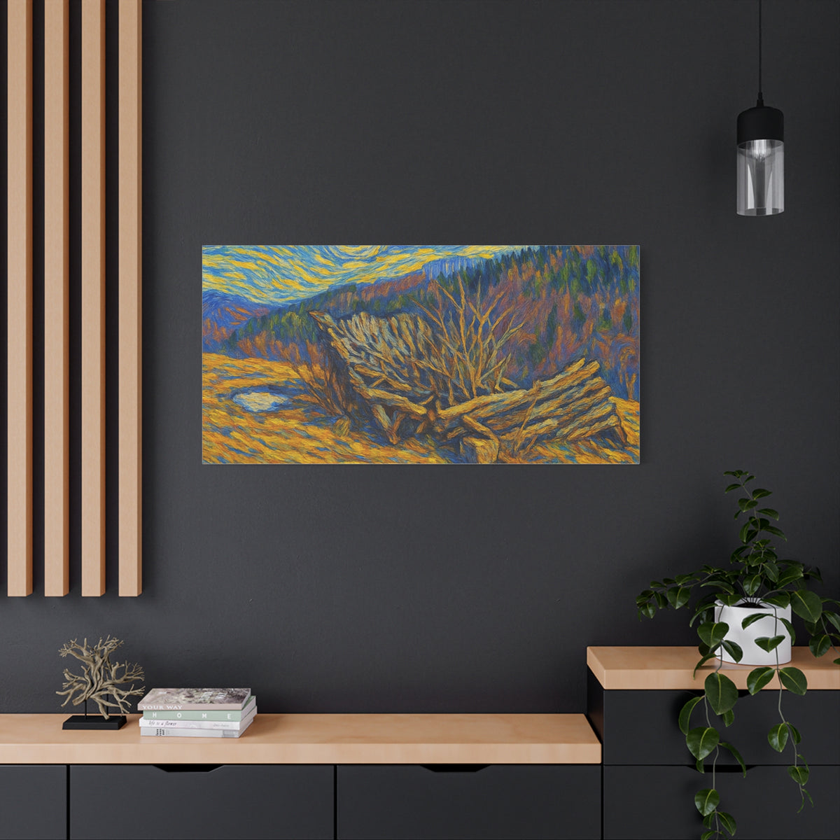 Impressionist Starry Landscape canvas print by Printify featuring a vibrant night sky and scenic view on high-quality canvas.