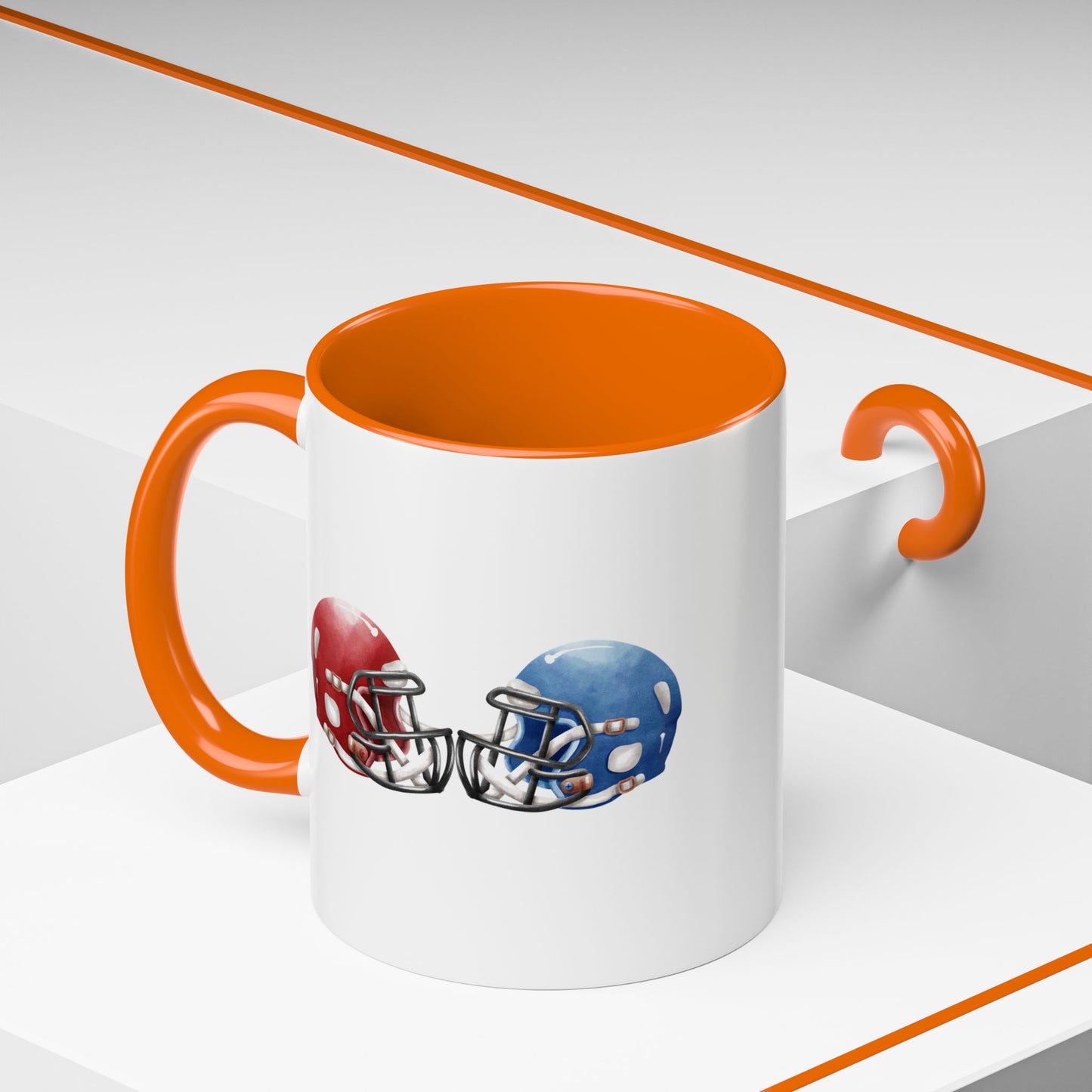 Football Helmet Coffee Mug — Red vs Blue Rivalry Accent Mug (11/15oz)