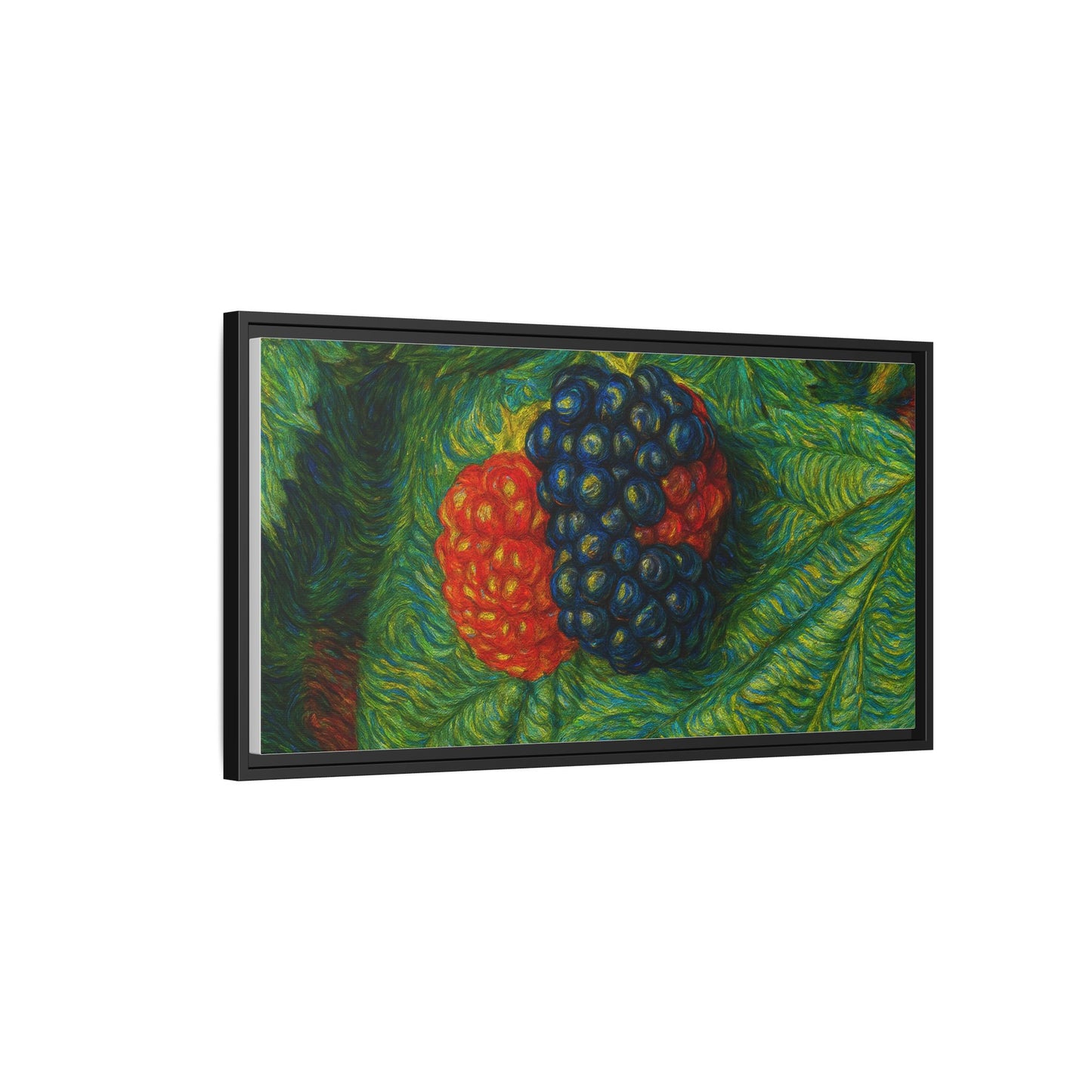 Blackberry still life framed canvas print by Printify, featuring a detailed artwork of ripe blackberries in a natural setting.