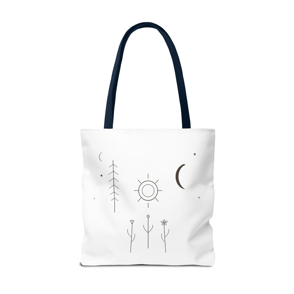 Minimal Moon and Sun botanical tote bag featuring celestial line art, designed by Printify, with a natural cotton handle and botanical print.