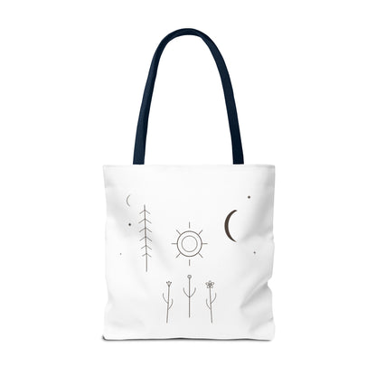Minimal Moon and Sun botanical tote bag featuring celestial line art, designed by Printify, with a natural cotton handle and botanical print.