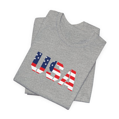 USA Flag Text Tee — Patriotic Fourth of July T-Shirt