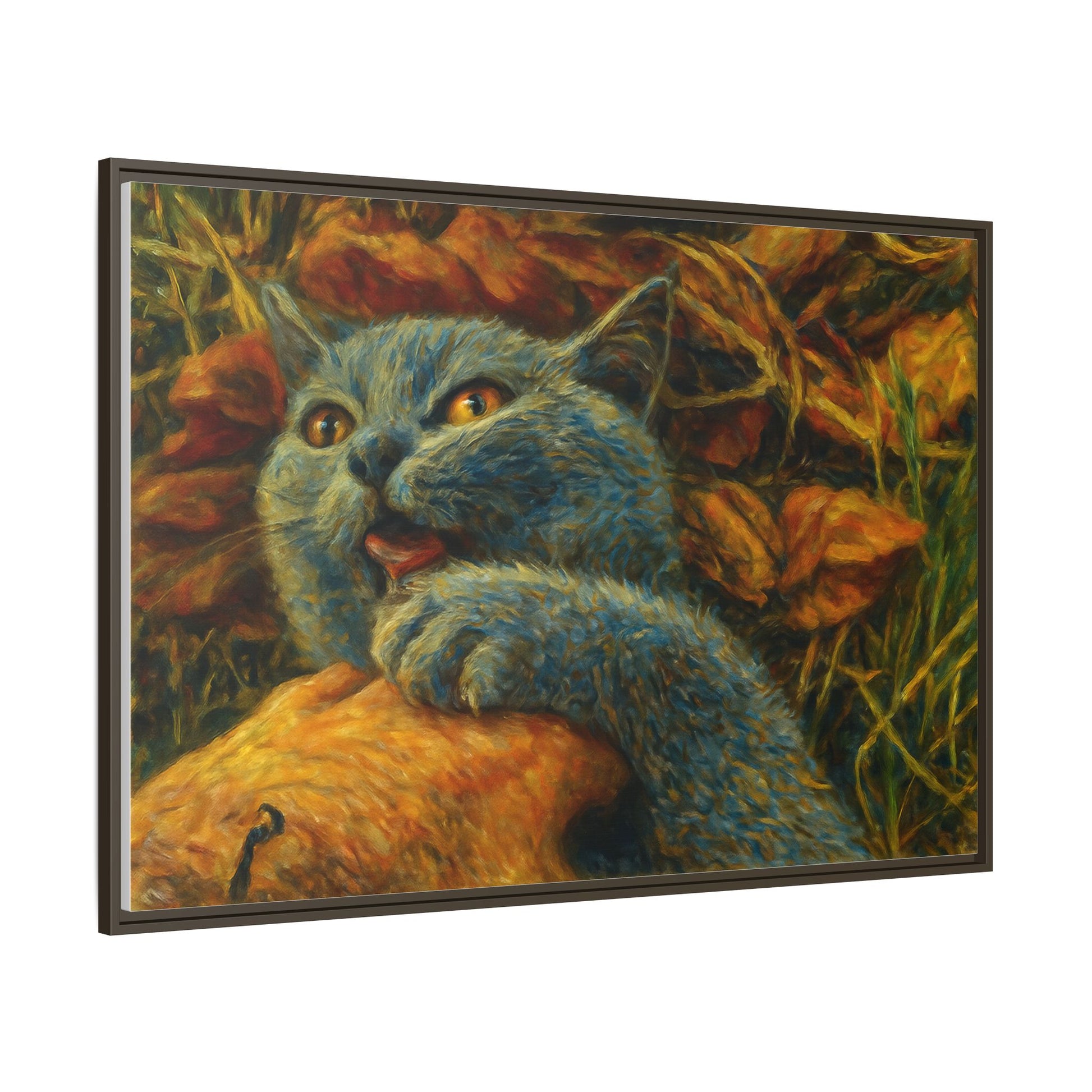 Blue cat canvas print featuring whimsical wall art, perfect for cat lovers and decorative home or gift display.