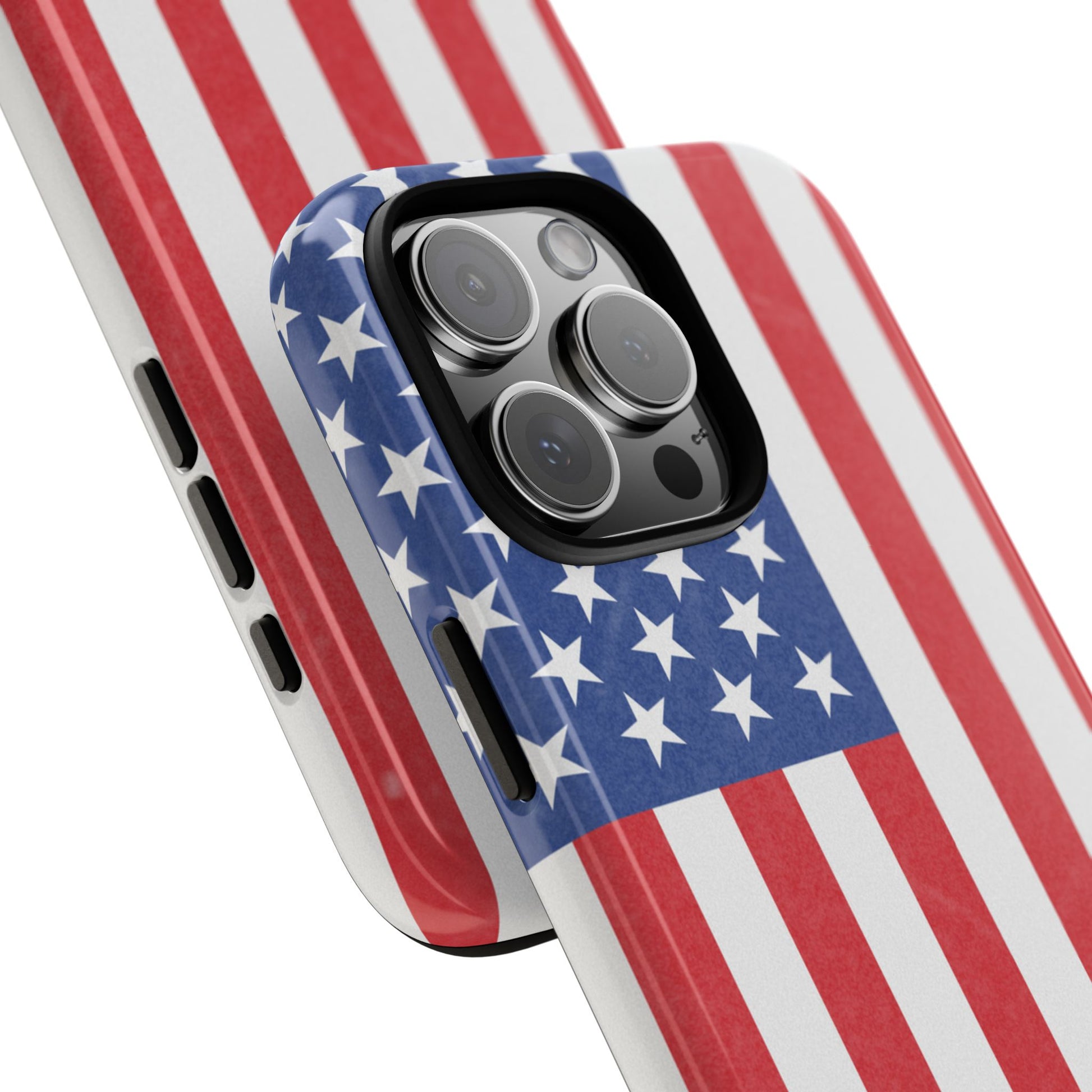 American flag tough phone case for iPhone and Samsung, patriotic protective cover with bold flag design by Printify.