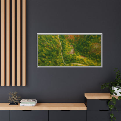 Multi-color framed matte canvas wall art featuring an aerial forest path landscape by Printify
