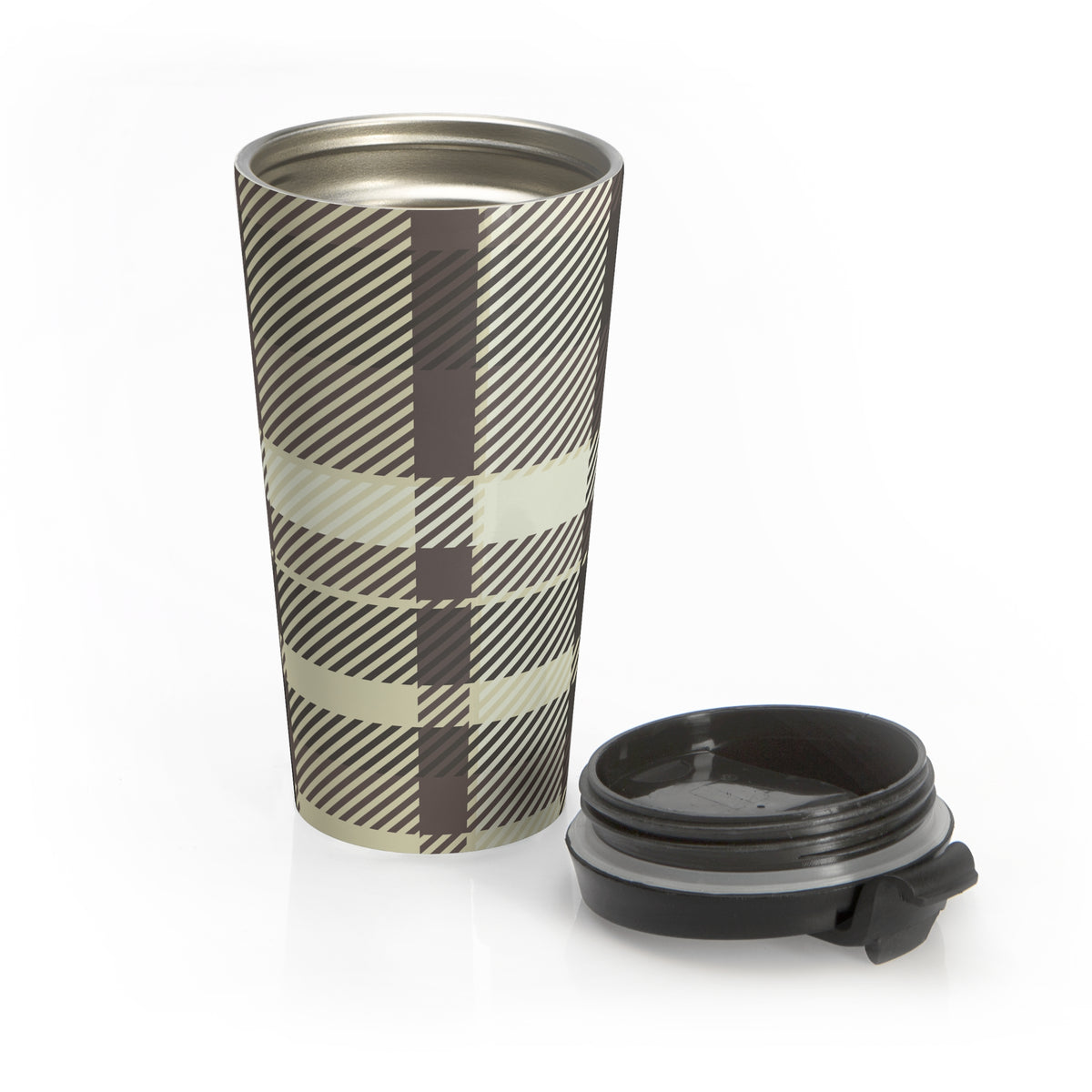 Neutral plaid 15oz insulated stainless steel travel mug - view 5