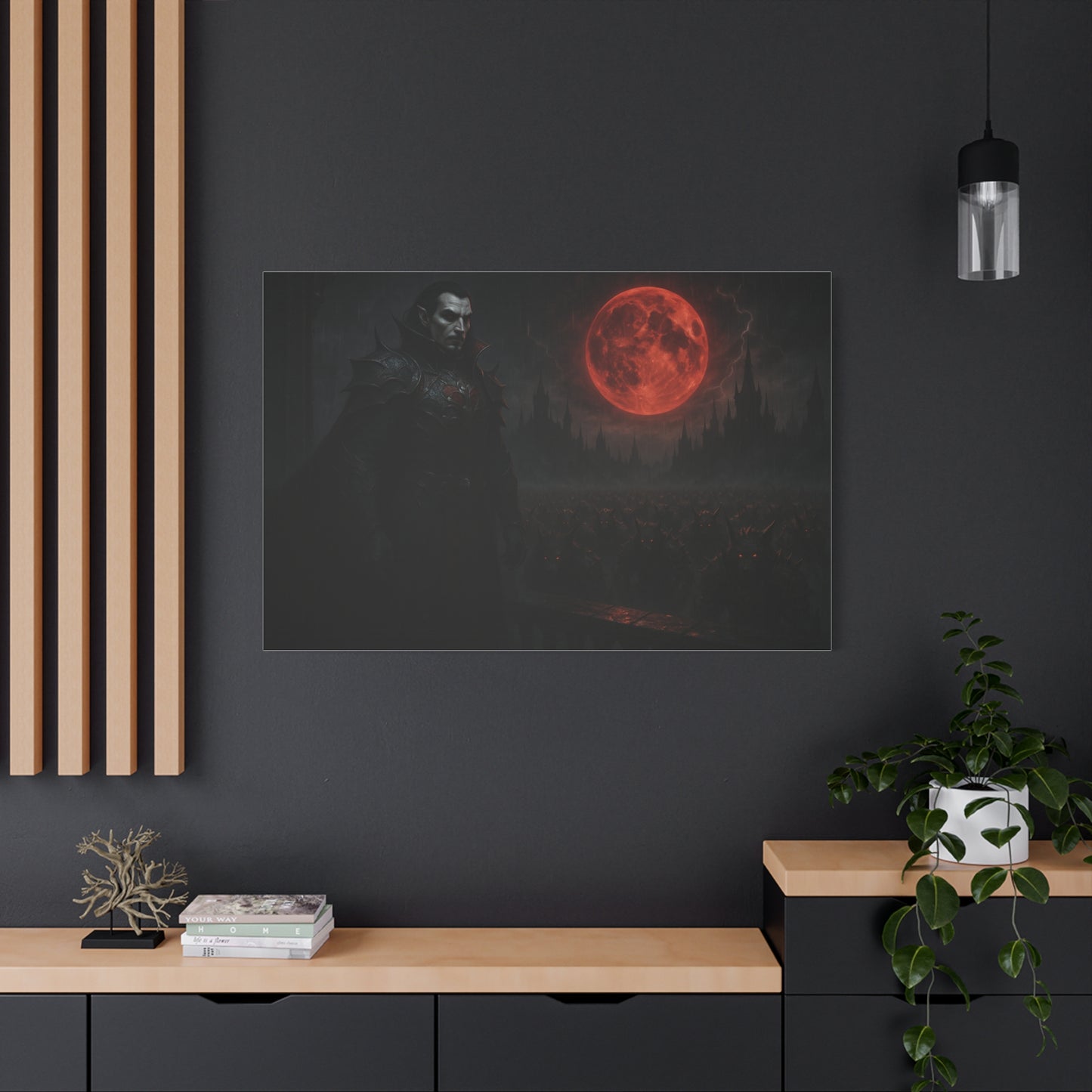 Red moon matte canvas featuring a vampire lord design, printed on high-quality Printify canvas art.