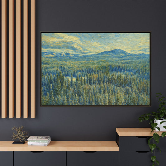 Framed matte canvas wall art featuring a serene mountain forest landscape, printed by Printify.