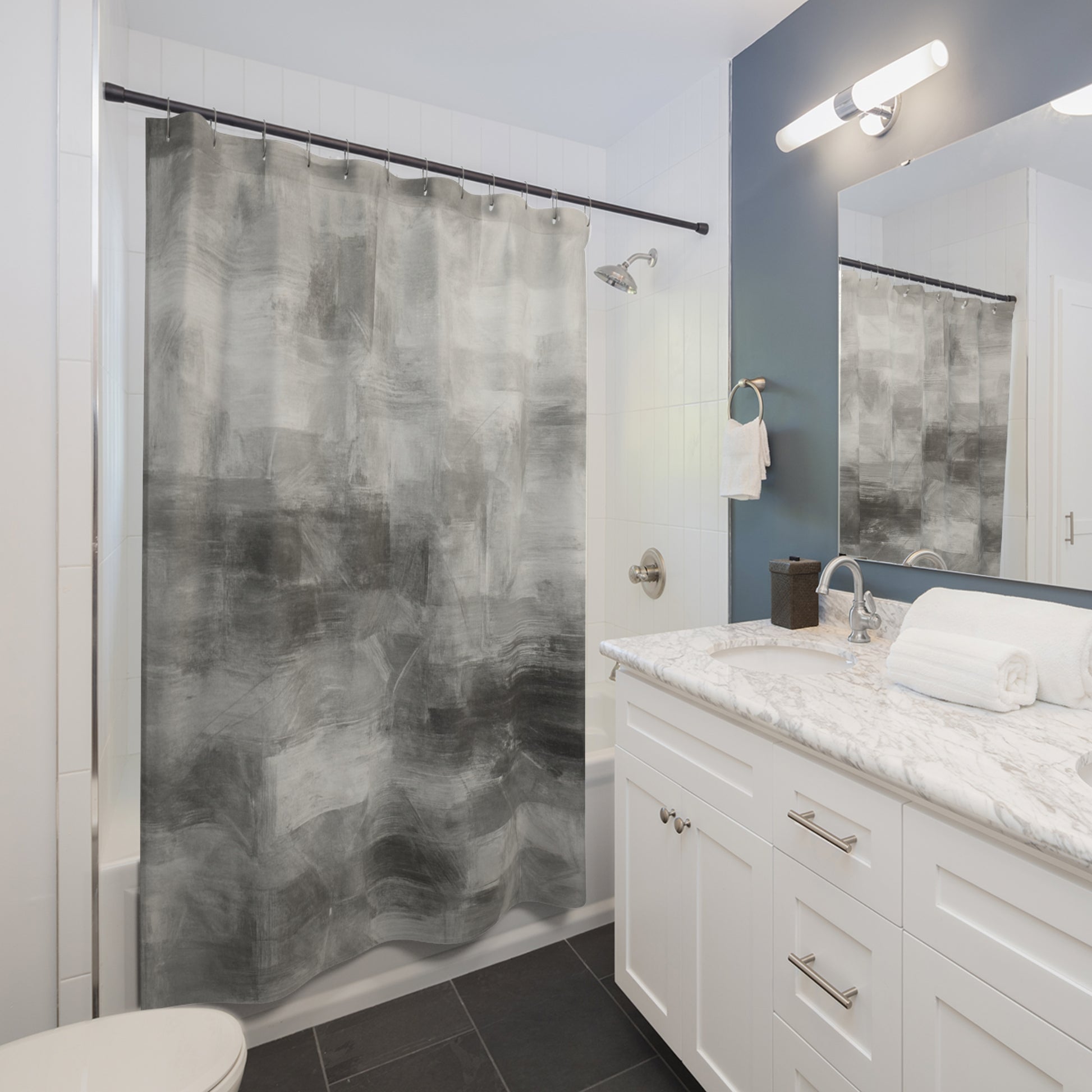 Abstract gray shower curtain from Printify featuring modern design, ideal for bathroom decor and housewarming gift.