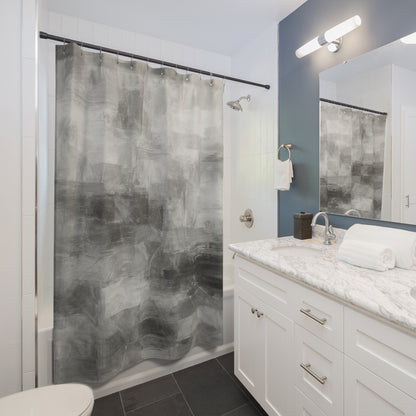 Abstract gray shower curtain from Printify featuring modern design, ideal for bathroom decor and housewarming gift.