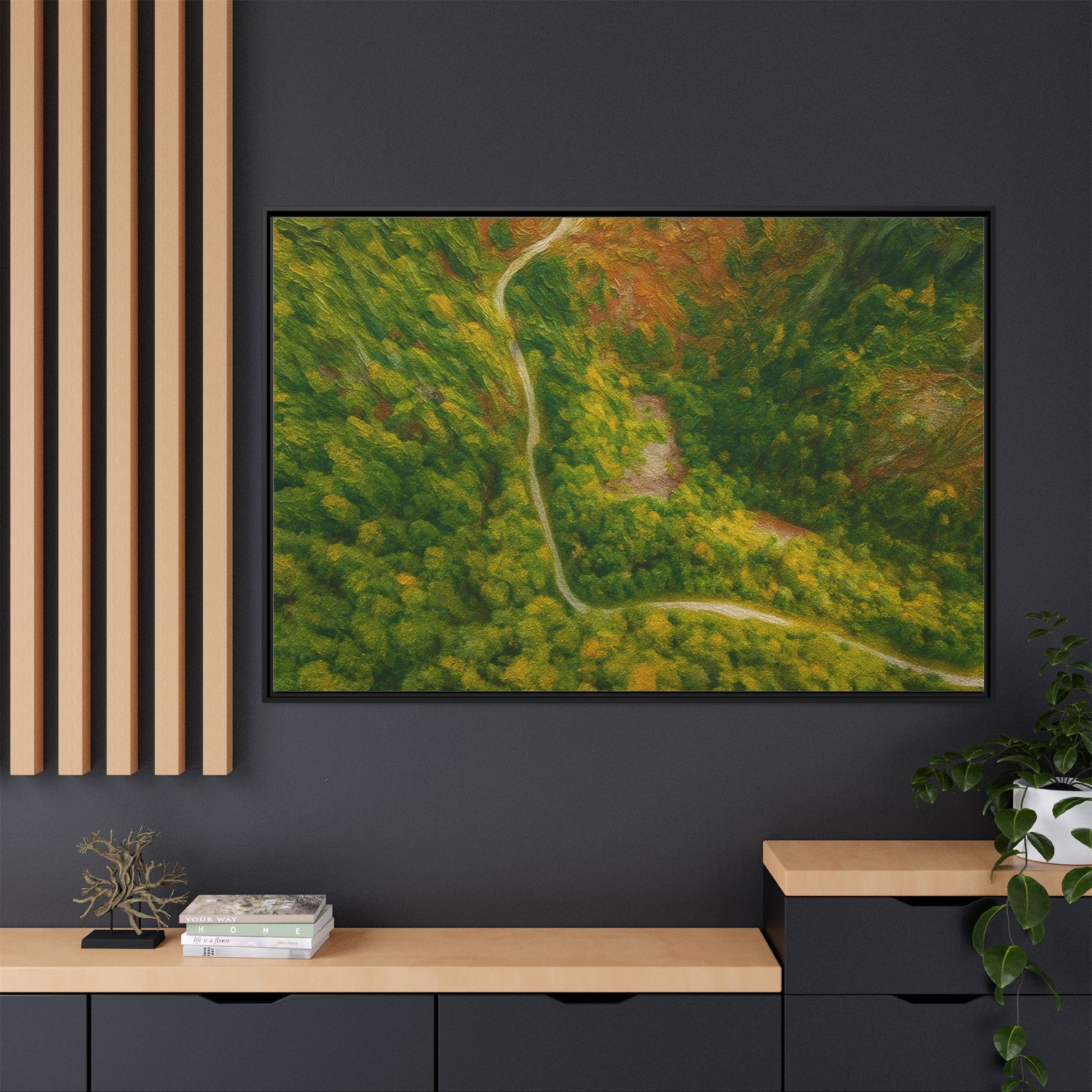 Colorful framed matte canvas wall art featuring an aerial forest path landscape by Printify