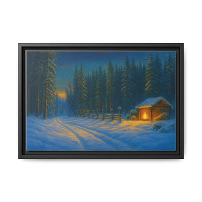 Cozy winter cabin matte framed canvas wall art featuring a snowy forest scene during evening, designed by Printify.