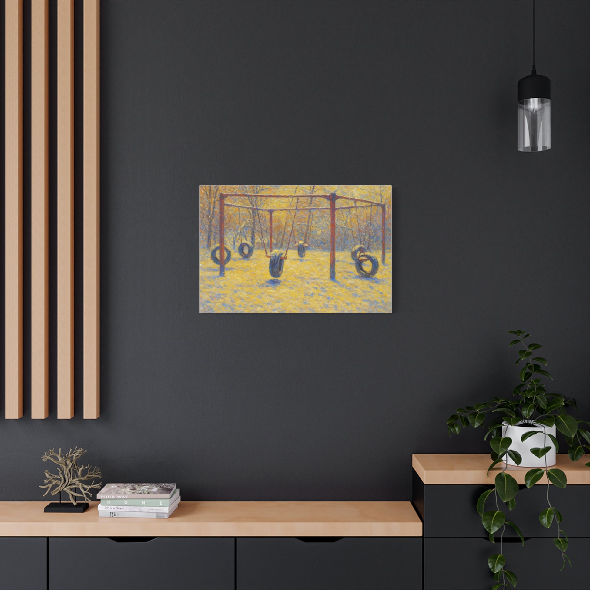 Matte stretched canvas wall art featuring a tire swing playground scene, ideal for children's playroom decor.