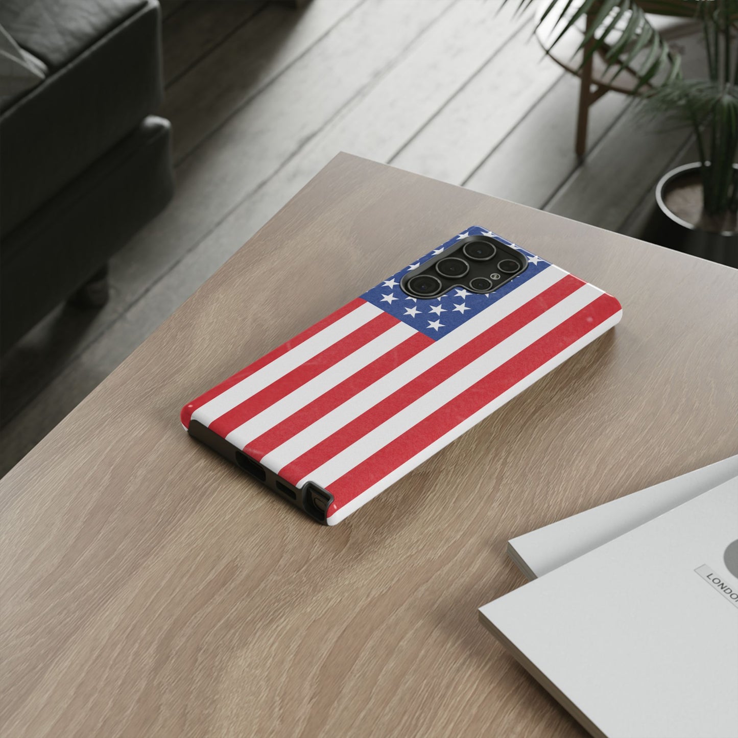 American flag tough phone case for iPhone and Samsung, patriotic protective cover with bold flag design by Printify