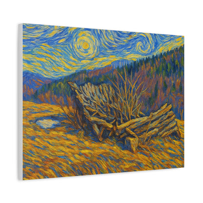 Impressionist Starry Landscape canvas print by Printify featuring a night sky with stars and a serene landscape scene.