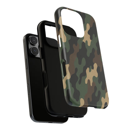 Camouflage tough phone case by Printify, rugged camo protective cover fitting a smartphone with a durable, military-style design.