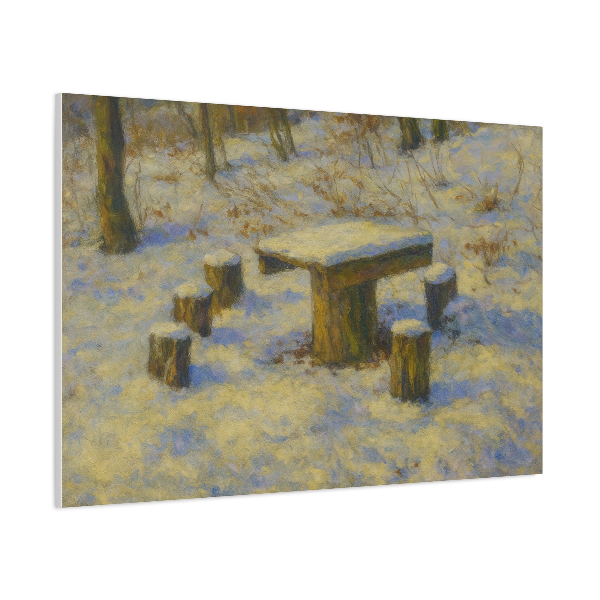 Snowy forest winter landscape canvas wall art by Printify, matte stretched print showcasing a snowy trees scene.