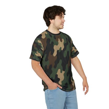 Printify woodland camouflage all-over print tee featuring classic woodland camouflage pattern on a casual shirt.