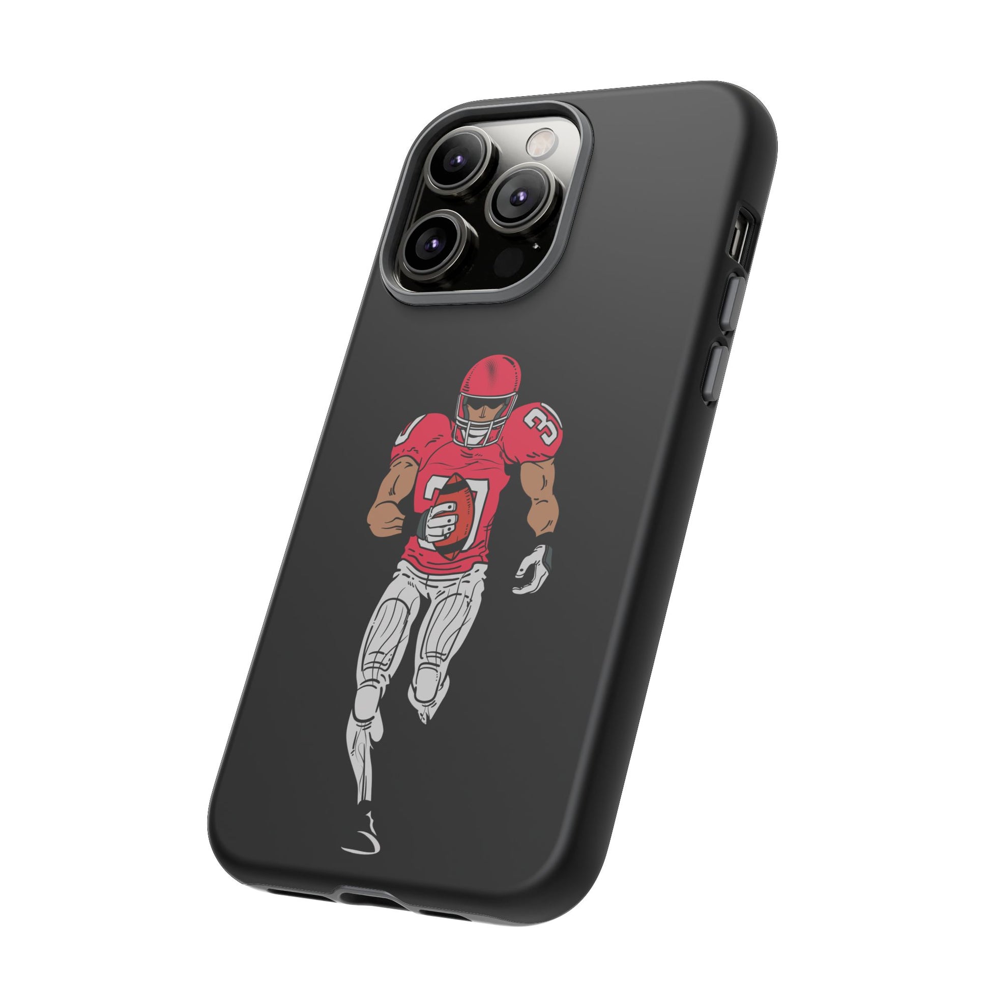 Black protective phone case with football player design for iPhone, featuring a sporty, rugged look from Printify.