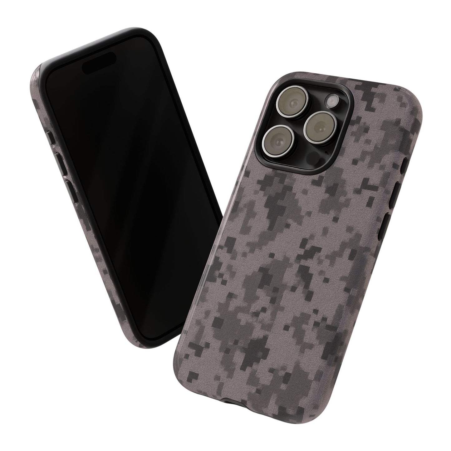 Gray digital camouflage phone case by Printify, tough protective cover designed for smartphones with a rugged camo pattern.