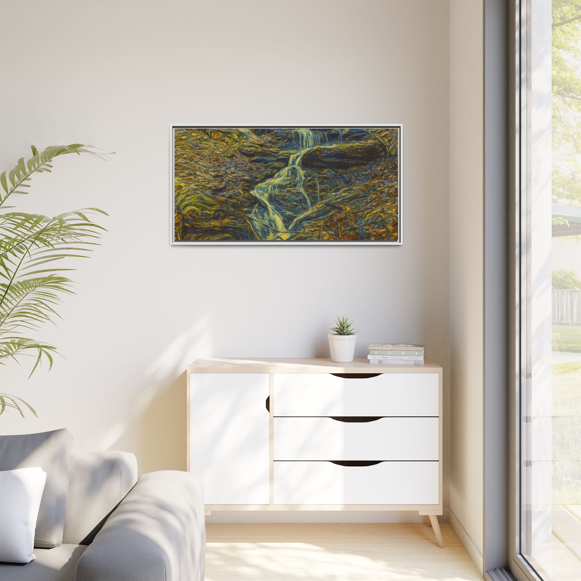 Framed matte canvas print of autumn forest with a waterfall, featuring vibrant fall colors and natural landscape details.