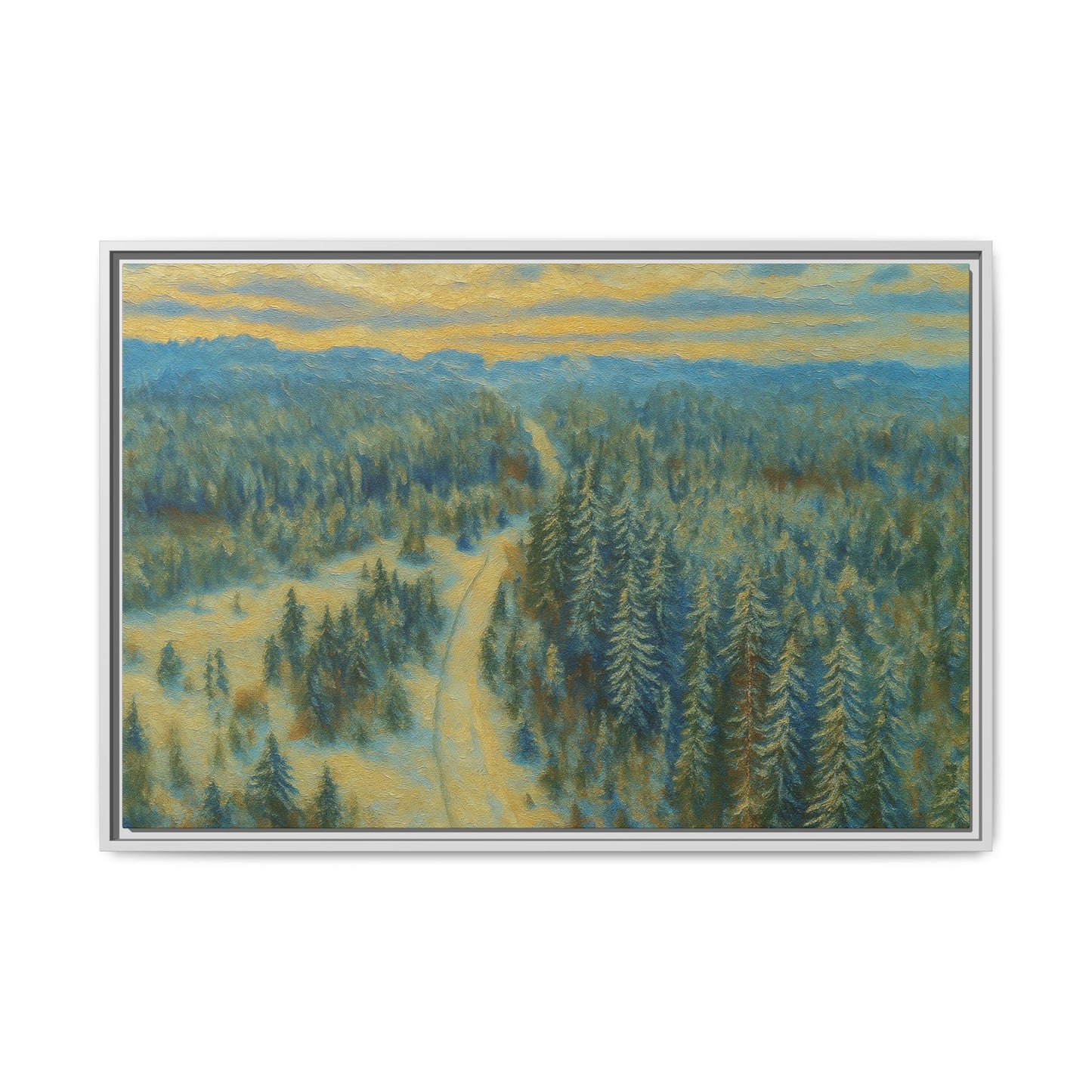Framed matte canvas print of a serene winter forest landscape by Printify showing snowy trees and peaceful scenery.