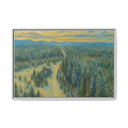 Framed matte canvas print of a serene winter forest landscape by Printify showing snowy trees and peaceful scenery.
