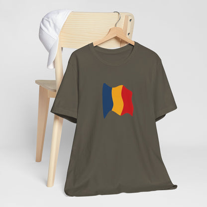 Romania flag T-shirt by Printify featuring a minimal waving tricolor design on a casual cotton tee.