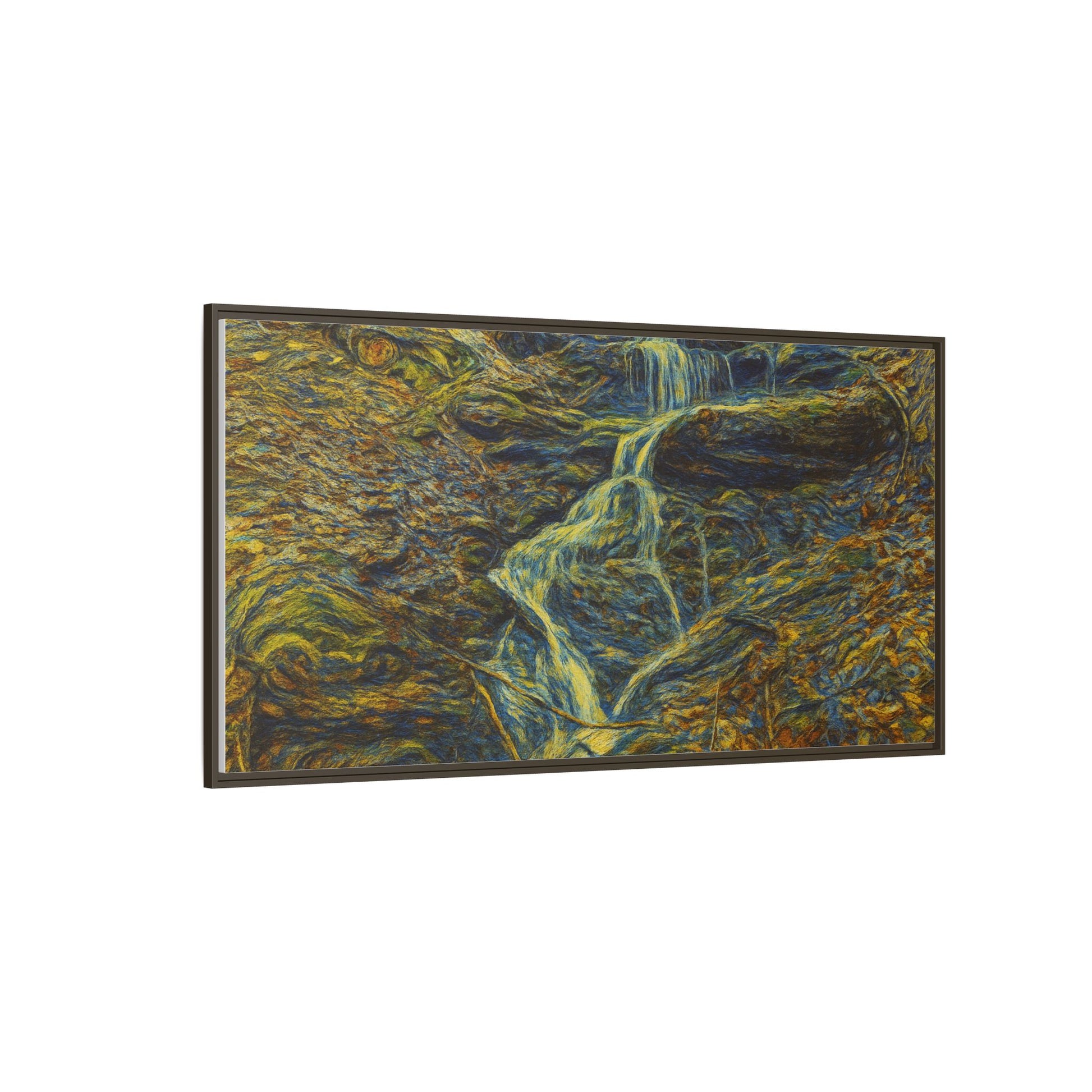 Framed matte canvas wall art featuring a scenic autumn forest with a waterfall, designed by Printify.