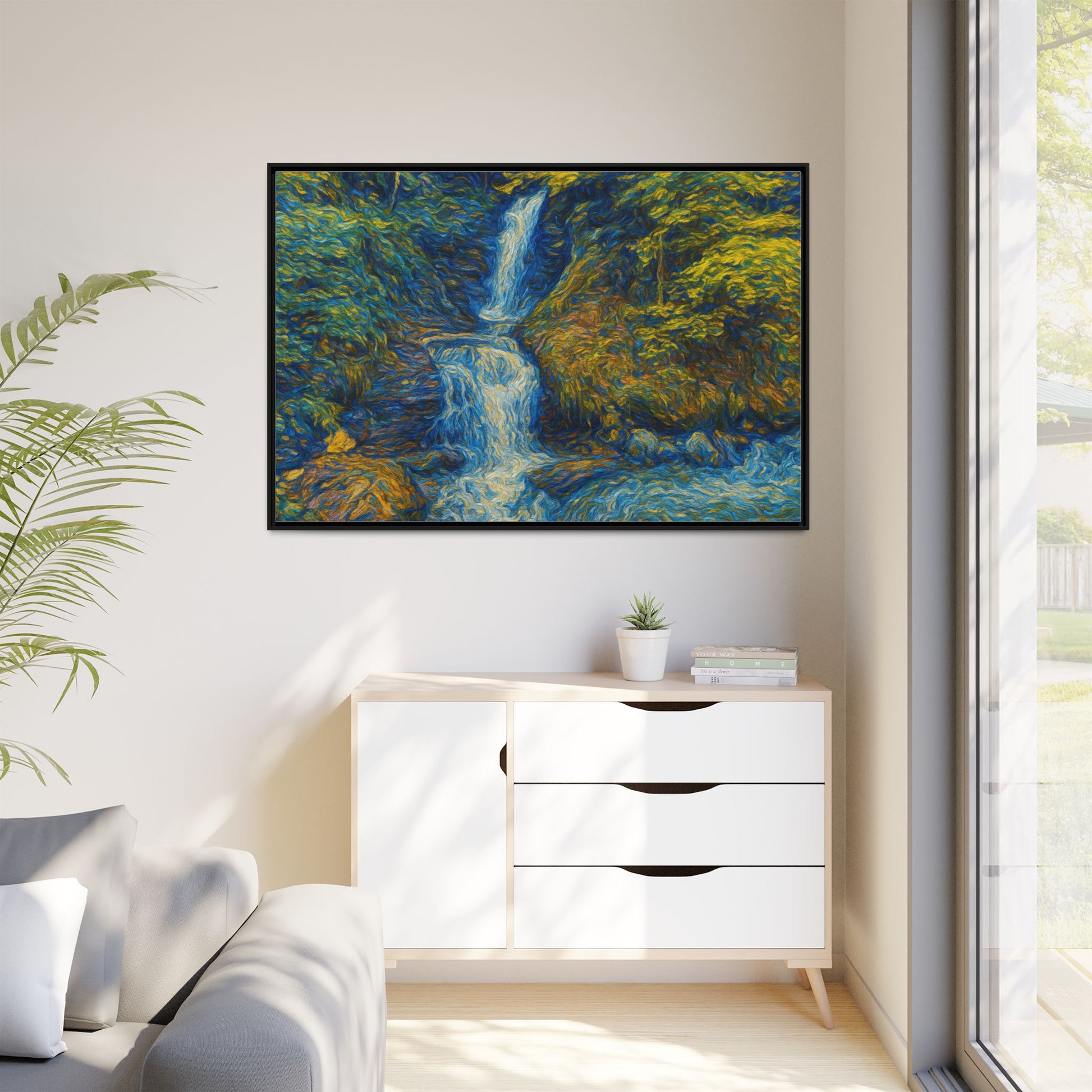 Framed matte canvas print of impressionist waterfall wall art by Printify, showcasing a vibrant, artistic water scene.