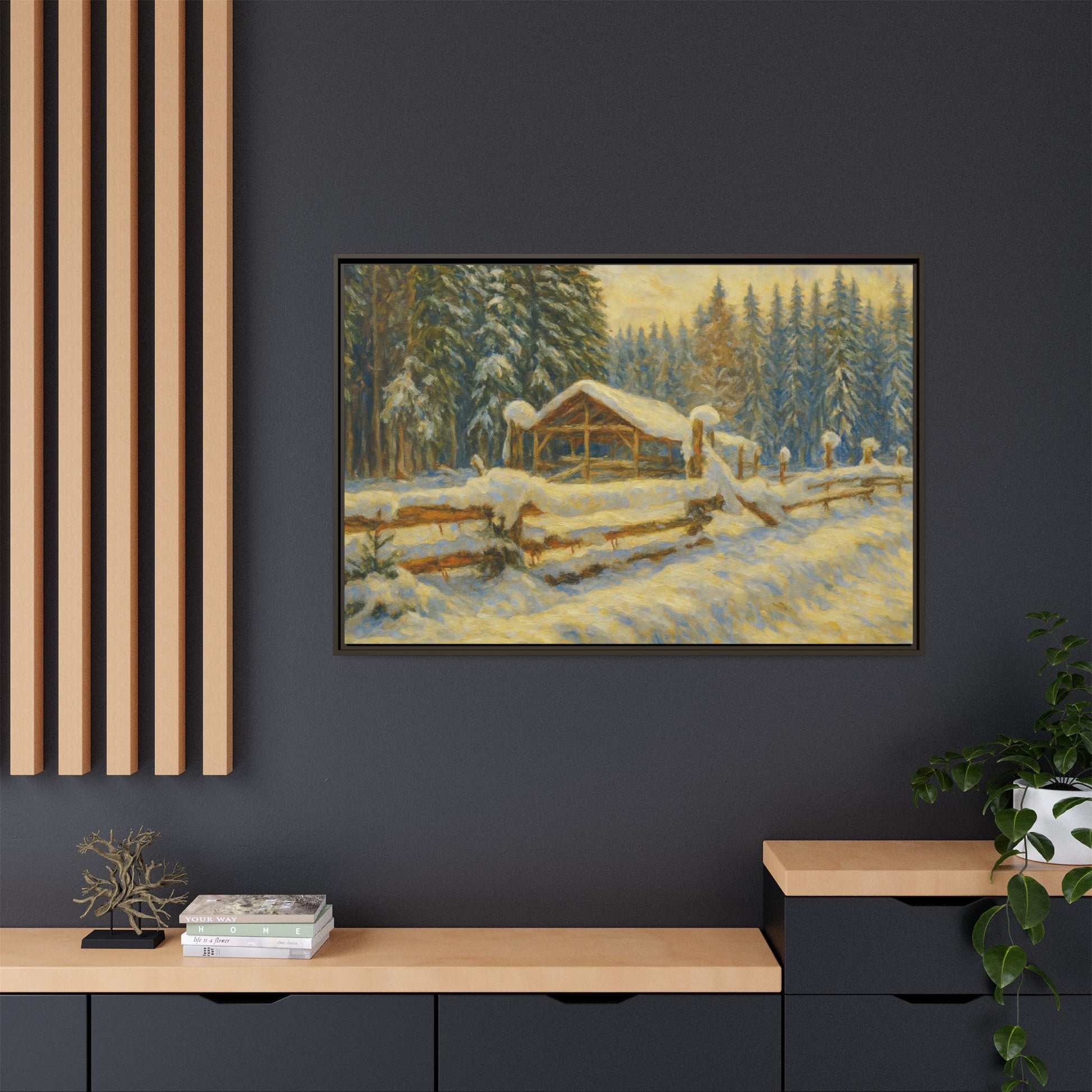 Snowy cabin winter landscape canvas wall art by Printify, featuring a matte framed depiction of a cozy snowy scene.