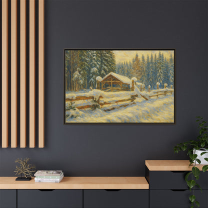 Snowy cabin winter landscape canvas wall art by Printify, featuring a matte framed depiction of a cozy snowy scene.