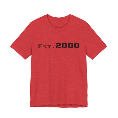 Retro pixel design T-shirt for 2000 born individuals, featuring "Est. 2000" text on a casual Printify T-shirt.