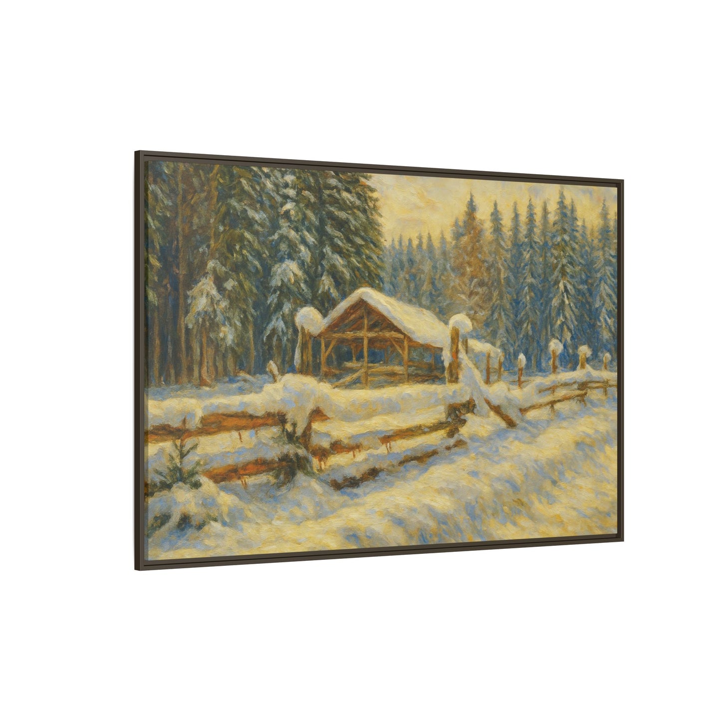Snowy cabin winter landscape canvas wall art by Printify, featuring a matte framed winter scene with a cozy snow-covered cabin.