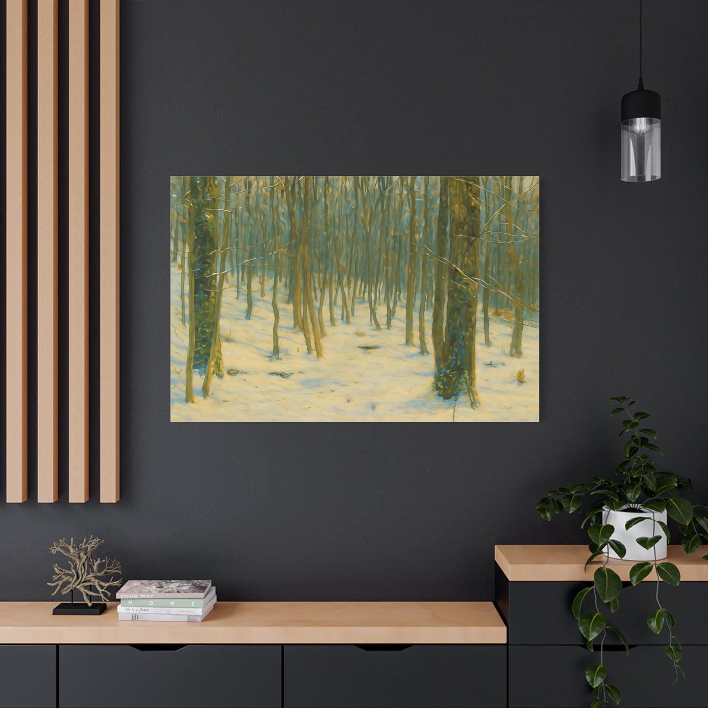 Snowy winter forest canvas print by Printify, featuring a stretched matte canvas with a detailed winter landscape scene.