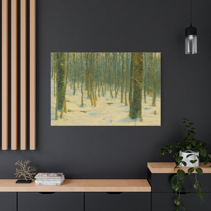 Snowy winter forest canvas print by Printify, featuring a stretched matte canvas with a detailed winter landscape scene.