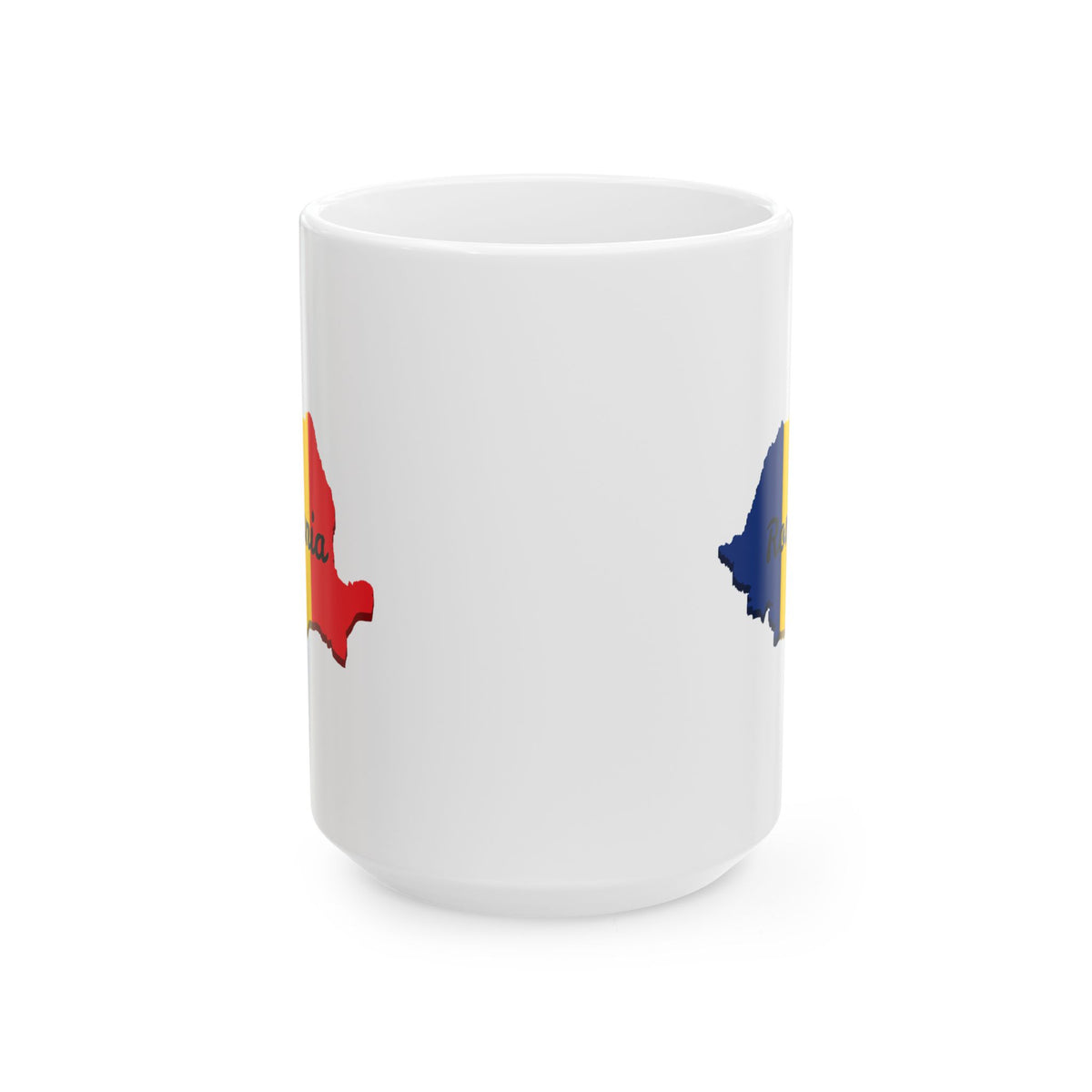 Romania flag ceramic mug with "Romania" text, featuring a colorful country map design, ideal as a travel souvenir or gift.