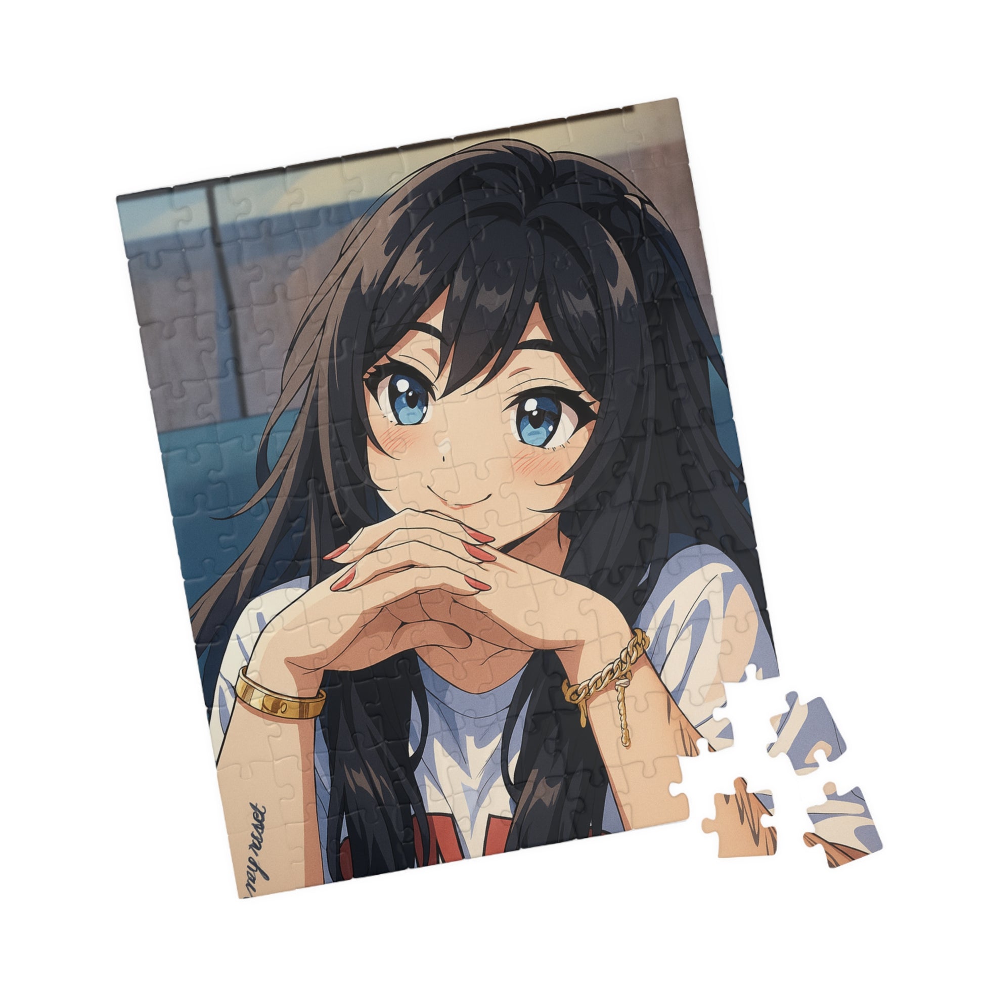 Anime girl portrait jigsaw puzzle with 520 pieces, featuring vibrant artwork from Printify on a colorful puzzle image.
