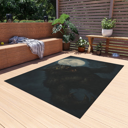 Werewolf Moon outdoor rug featuring a spooky full moon design, ideal for horror-themed patios or outdoor decor.