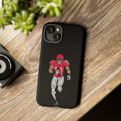 Black football player tough phone case for iPhone, featuring a protective sports design by Printify.