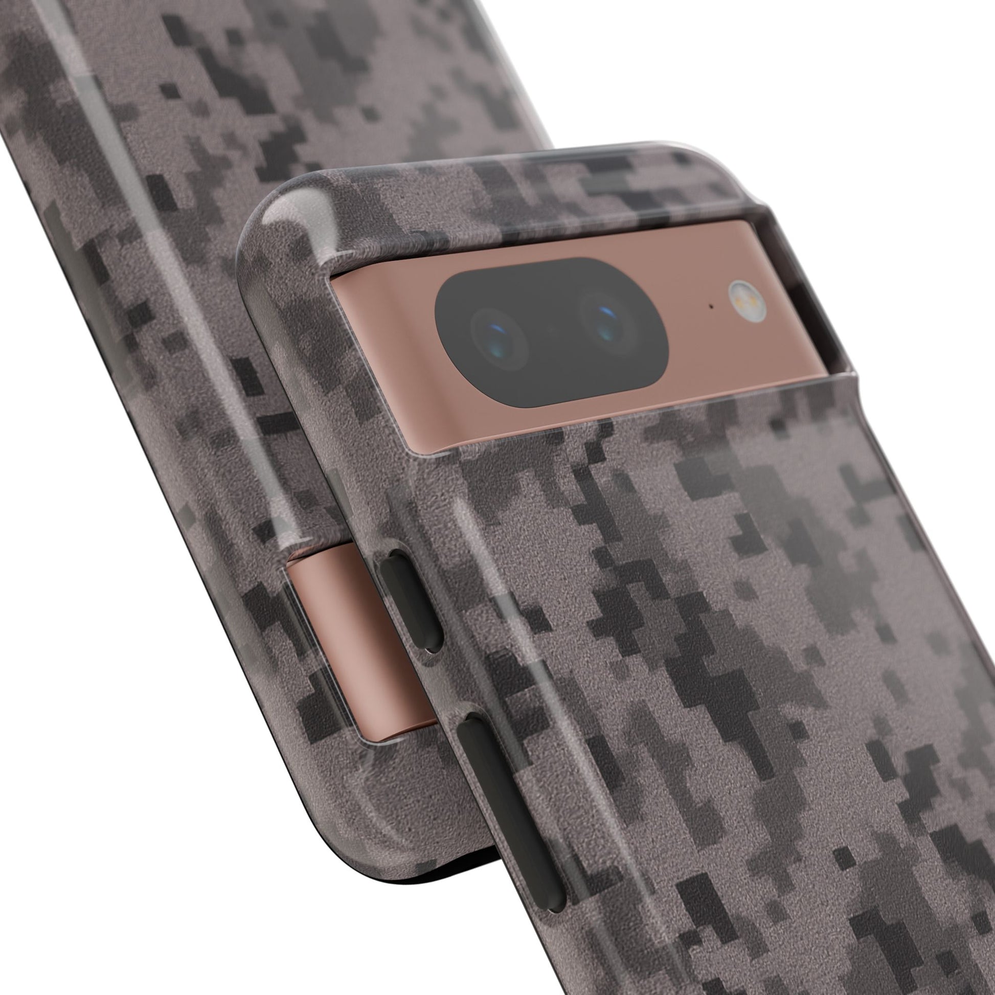 Gray digital camouflage phone case by Printify, tough protective cover for smartphones with a rugged camouflage design.