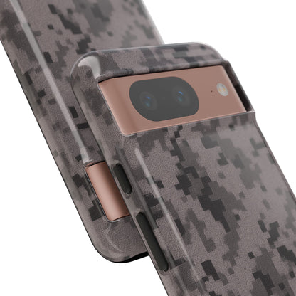Gray digital camouflage phone case by Printify, tough protective cover for smartphones with a rugged camouflage design.