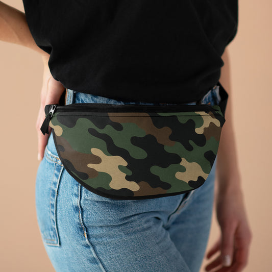 Printify camo fanny pack in classic woodland camouflage print, a stylish waist bag with adjustable strap for outdoor use.