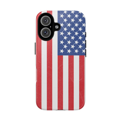 American flag tough phone case for iPhone, durable patriotic design with bold red, white, and blue colors.