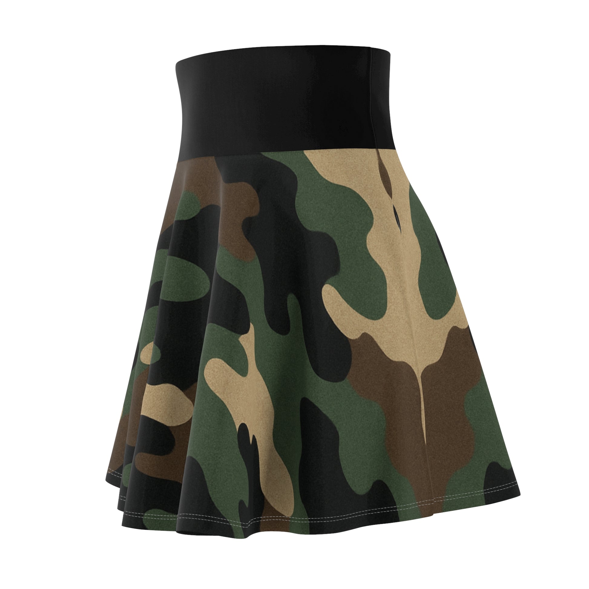 All over print camo skater skirt by Printify, casual style perfect for parties and festivals, displayed on a neutral background.